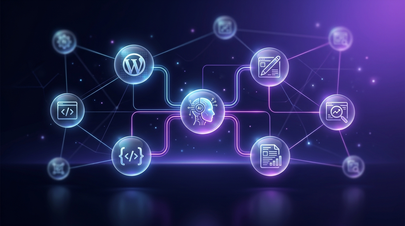 AI agent delivery pipeline β glowing network of agents building the nma-it.com website